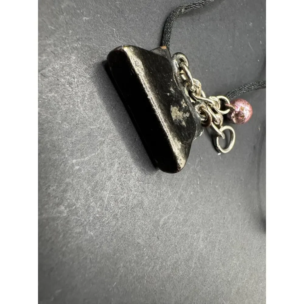 Vintage Silver Tone First Lady Purse Crystal Accent Pendant Necklace Black Cord